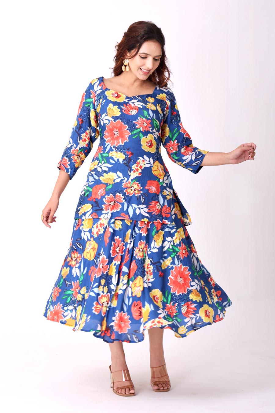 Multicolour Floral Print Embroidered Kurti & Skirt Set