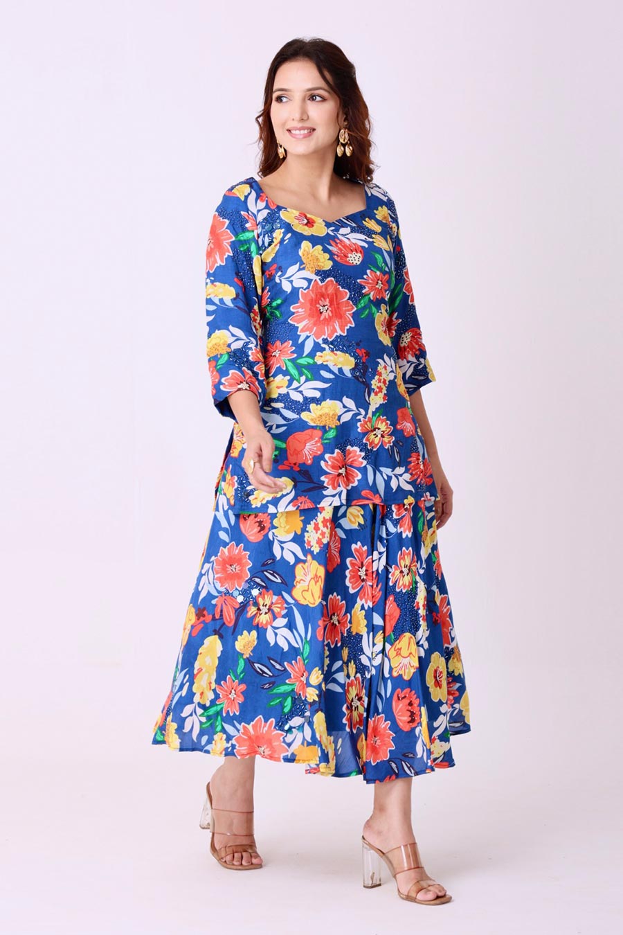 Multicolour Floral Print Embroidered Kurti & Skirt Set
