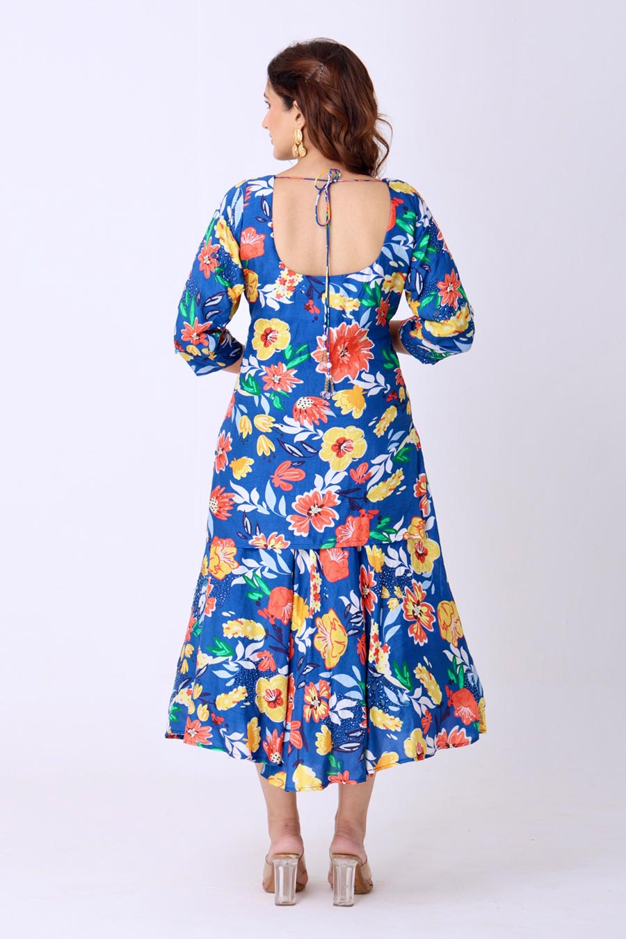 Multicolour Floral Print Embroidered Kurti & Skirt Set