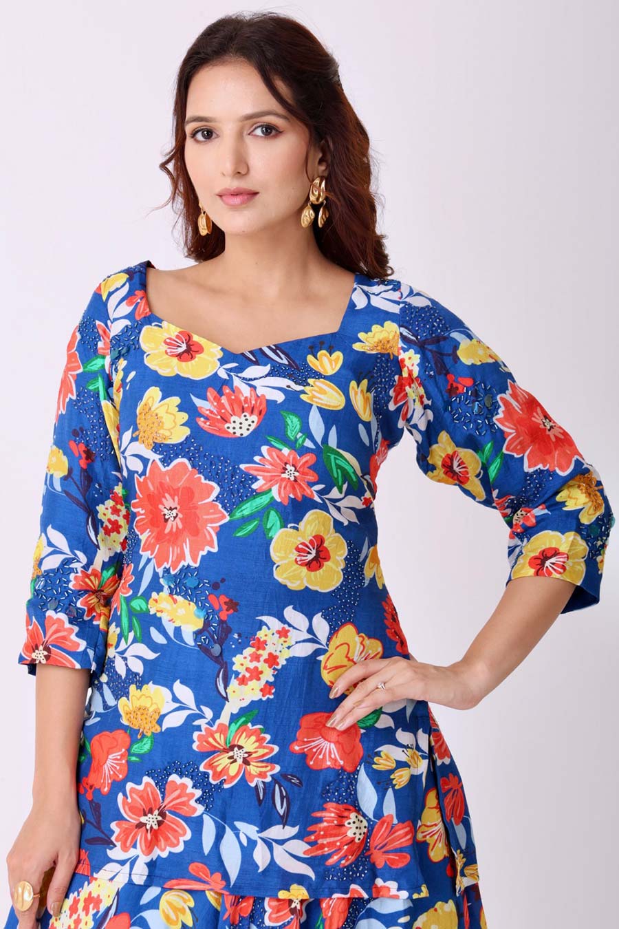 Multicolour Floral Print Embroidered Kurti & Skirt Set