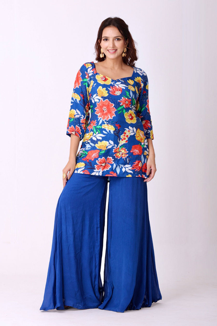 Multicolour Floral Print Embroidered Kurti & Sharara Set