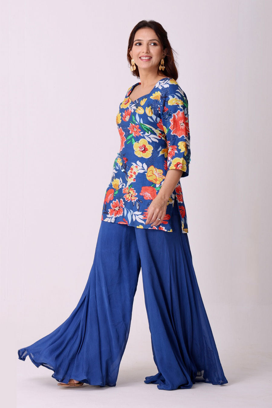 Multicolour Floral Print Embroidered Kurti & Sharara Set