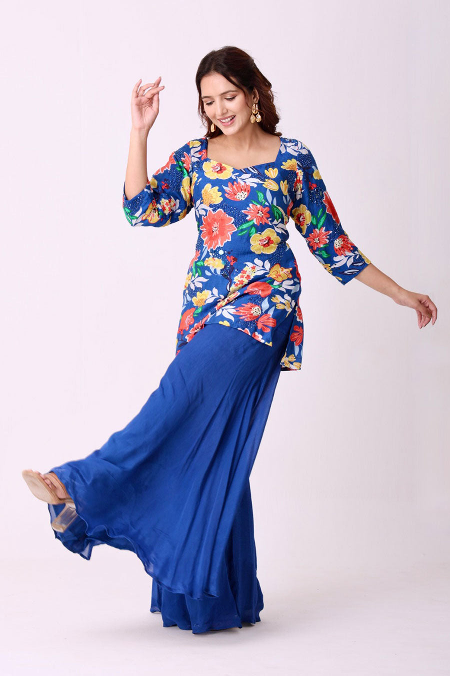 Multicolour Floral Print Embroidered Kurti & Sharara Set