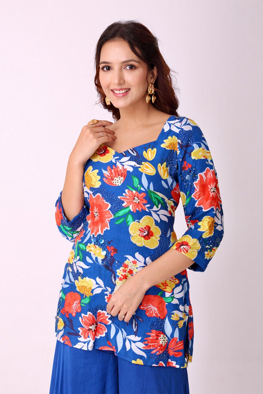 Multicolour Floral Print Embroidered Kurti & Sharara Set