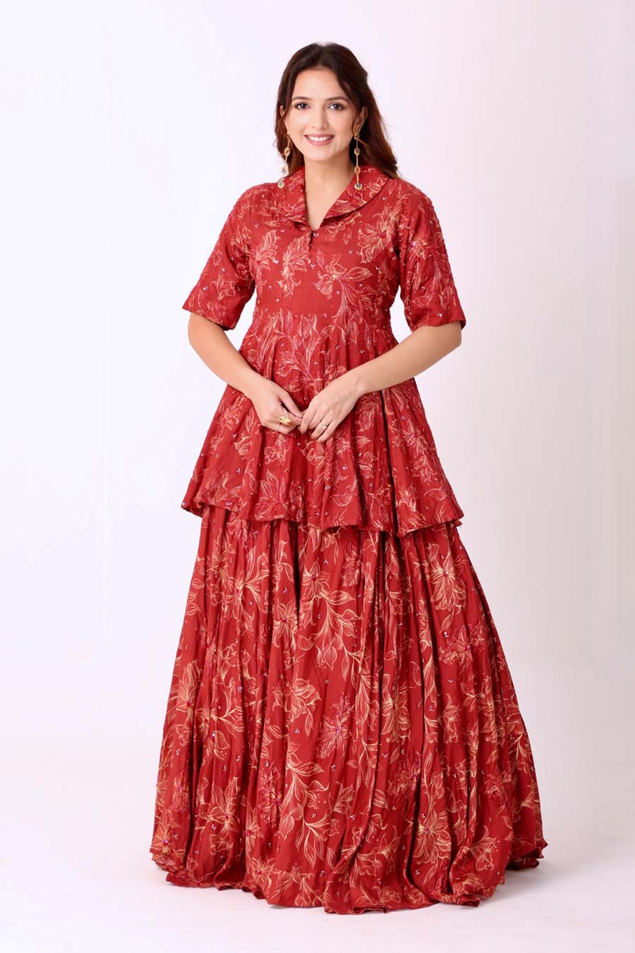 Maroon Floral Print Embroidered Kurti & Lehenga Set