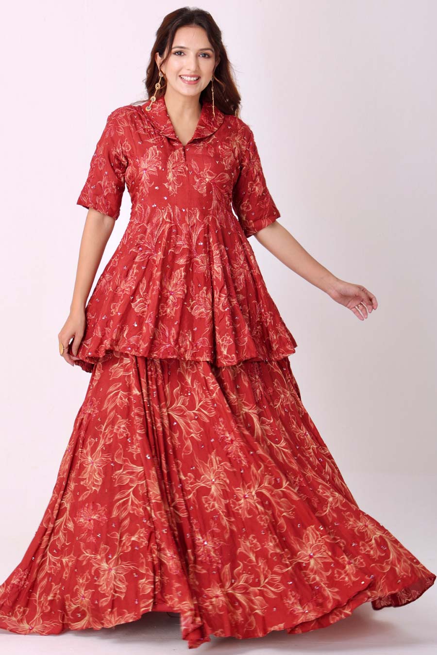 Maroon Floral Print Embroidered Kurti & Lehenga Set