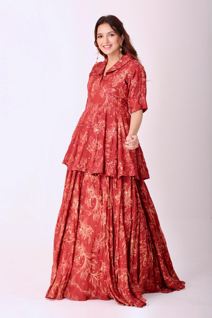 Maroon Floral Print Embroidered Kurti & Lehenga Set