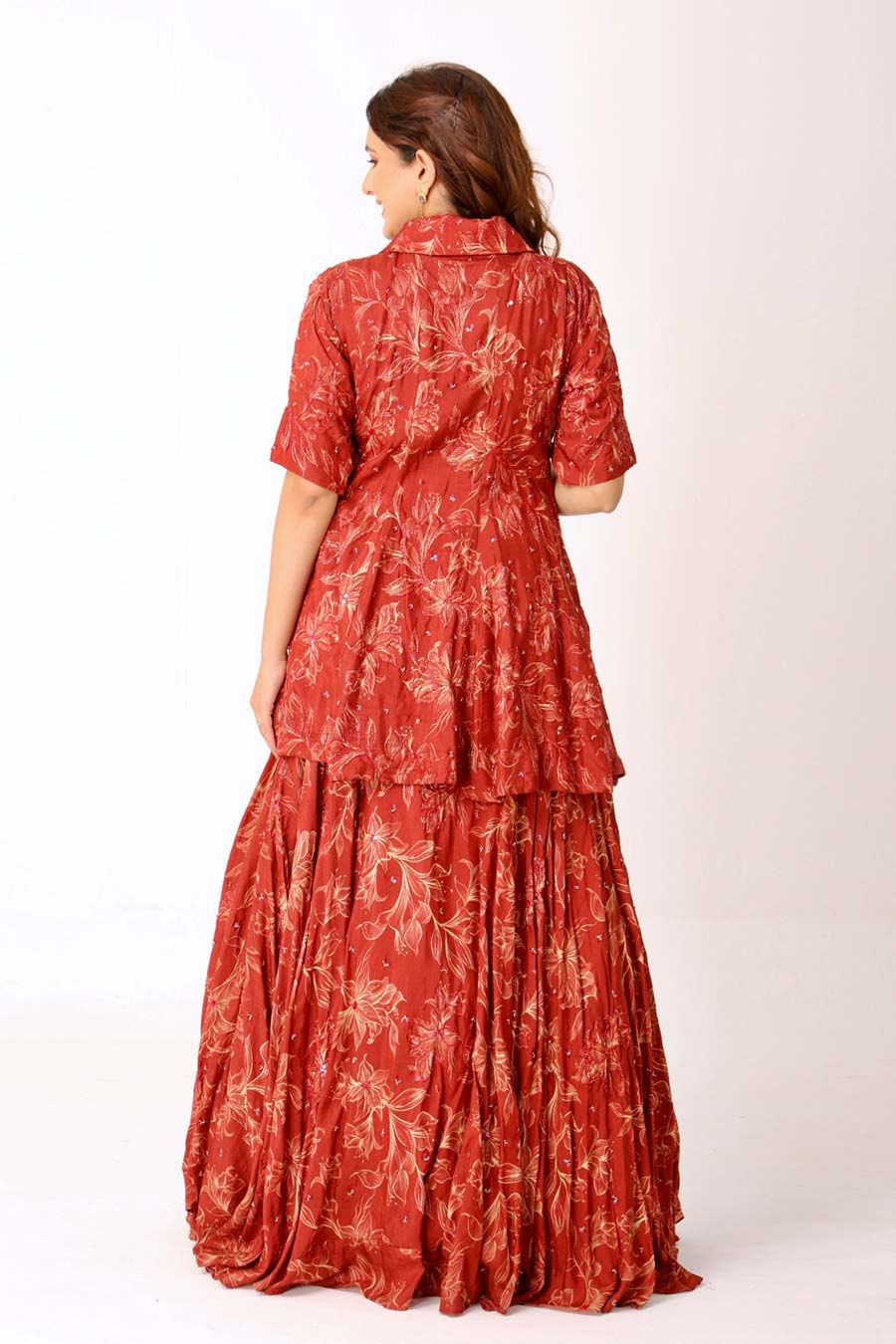 Maroon Floral Print Embroidered Kurti & Lehenga Set
