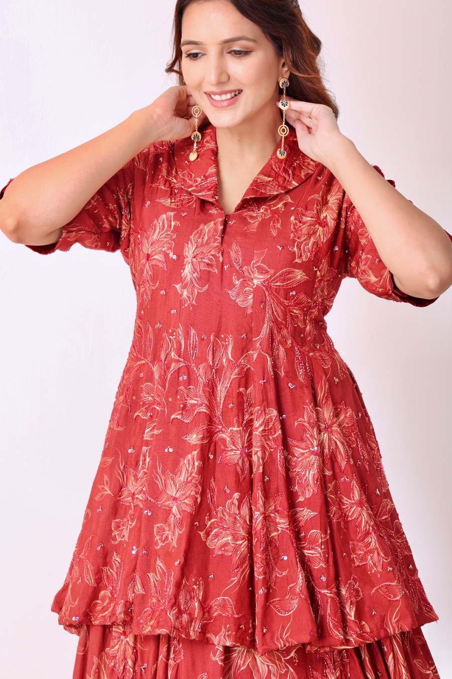 Maroon Floral Print Embroidered Kurti & Lehenga Set