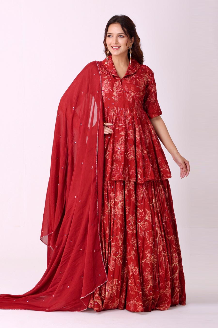 Maroon Floral Print Embroidered Lehenga Set