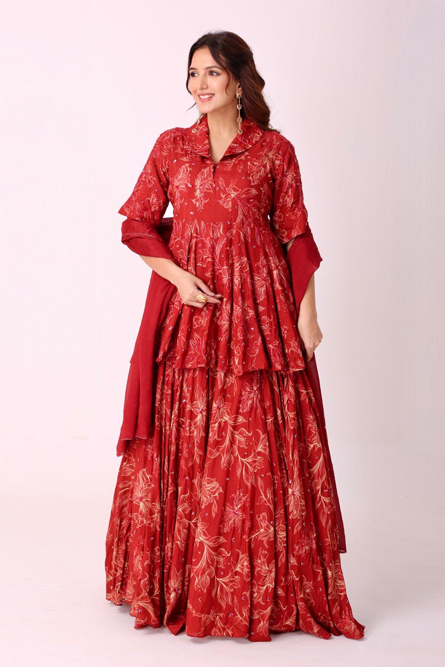 Maroon Floral Print Embroidered Lehenga Set
