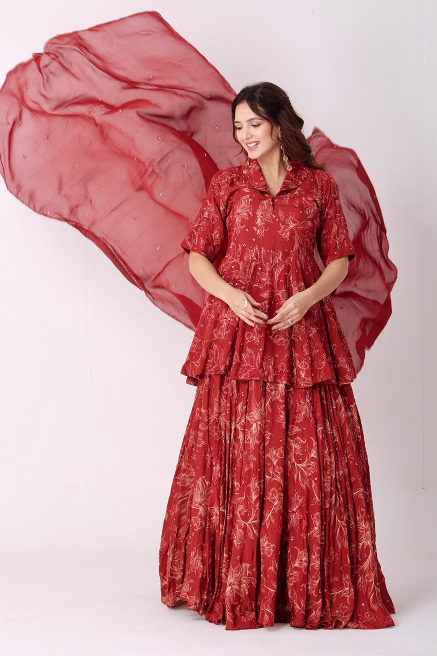 Maroon Floral Print Embroidered Lehenga Set