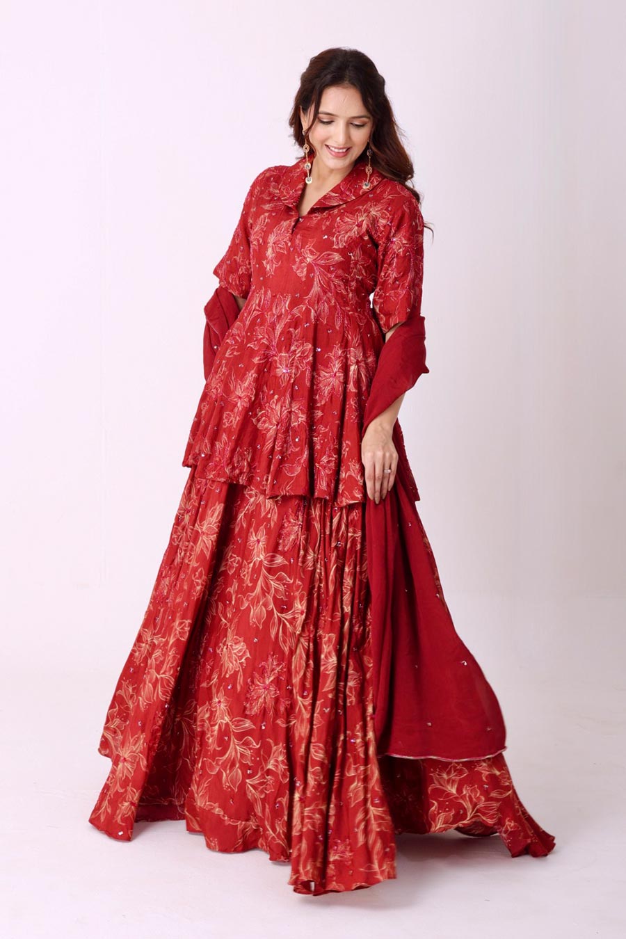 Maroon Floral Print Embroidered Lehenga Set
