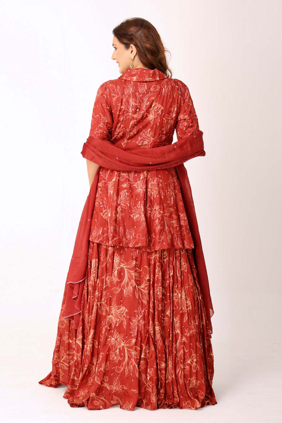 Maroon Floral Print Embroidered Lehenga Set