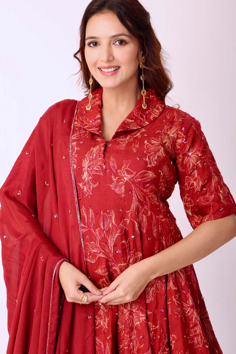 Maroon Floral Print Embroidered Lehenga Set