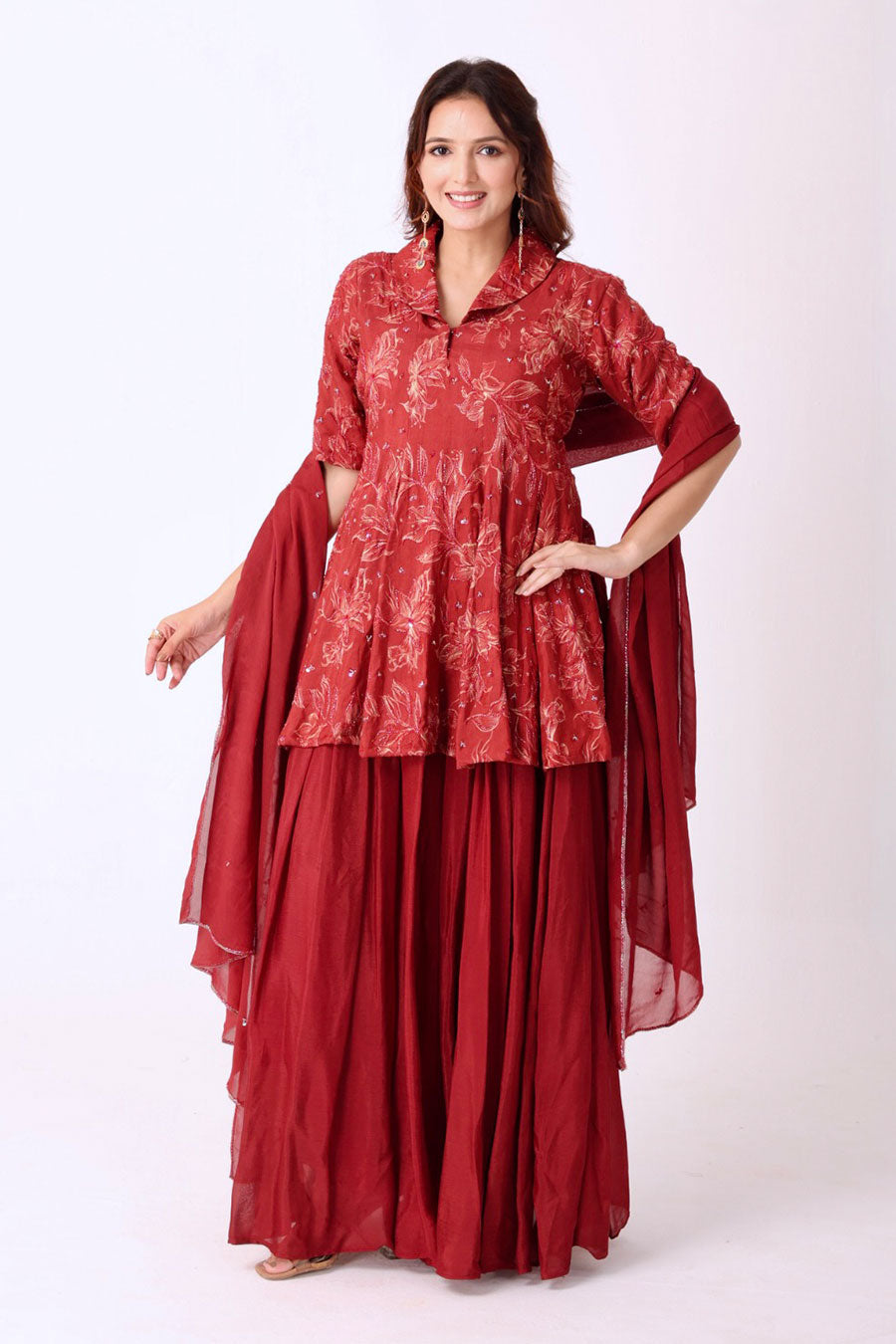 Maroon Floral Embroidered Kurti Set With Dupatta