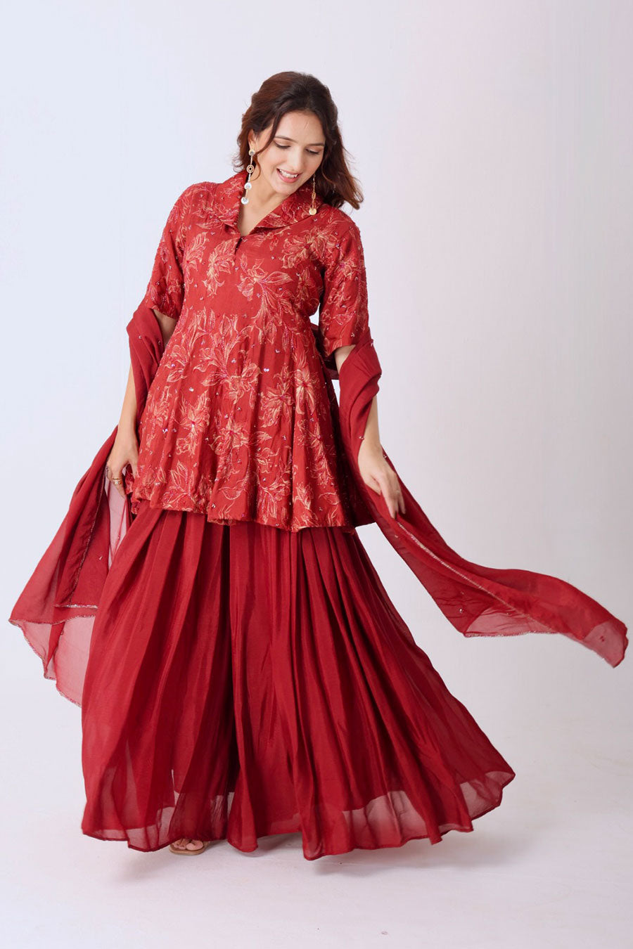 Maroon Floral Embroidered Kurti Set With Dupatta