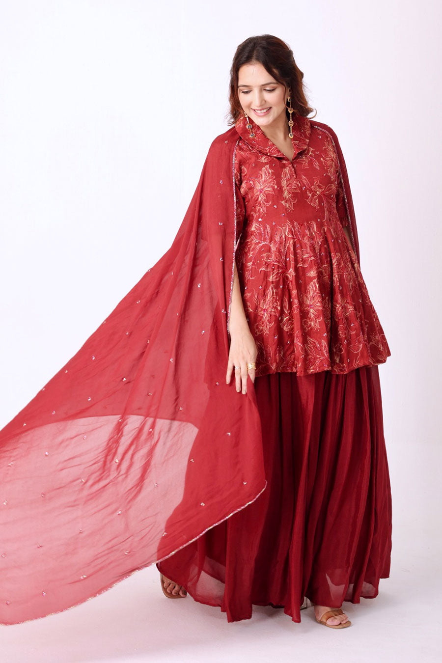 Maroon Floral Embroidered Kurti Set With Dupatta