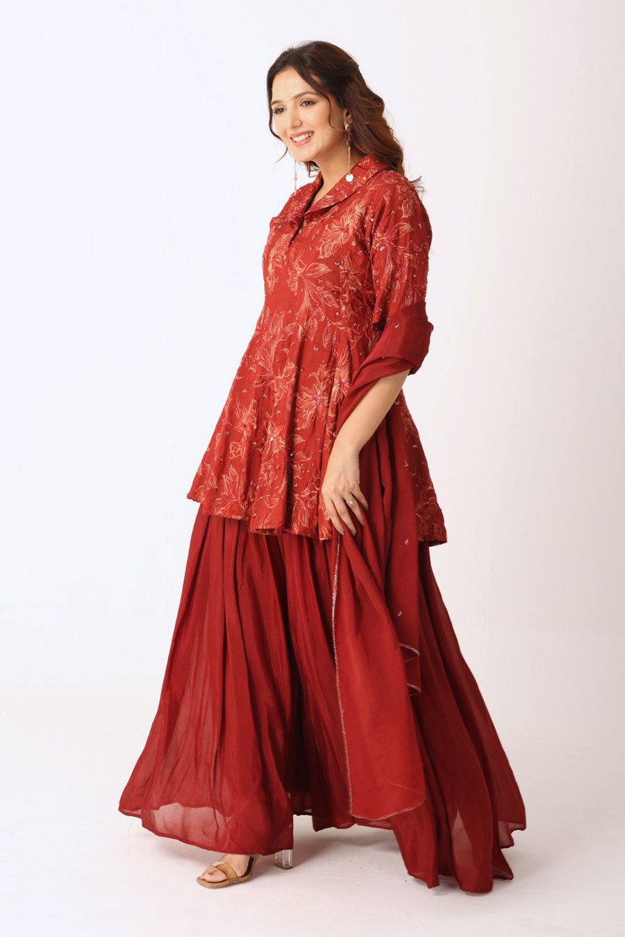 Maroon Floral Embroidered Kurti Set With Dupatta