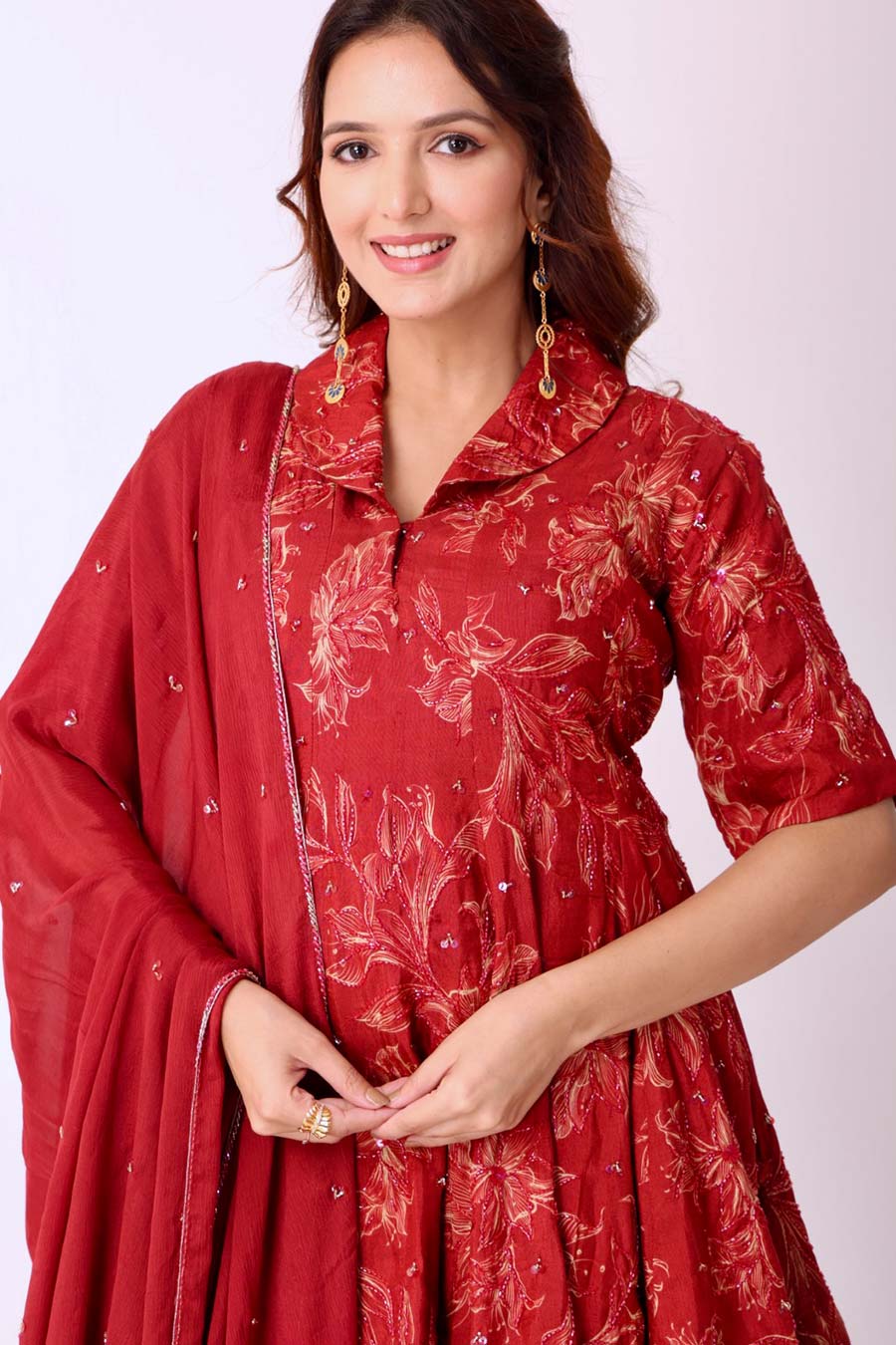 Maroon Floral Embroidered Kurti Set With Dupatta