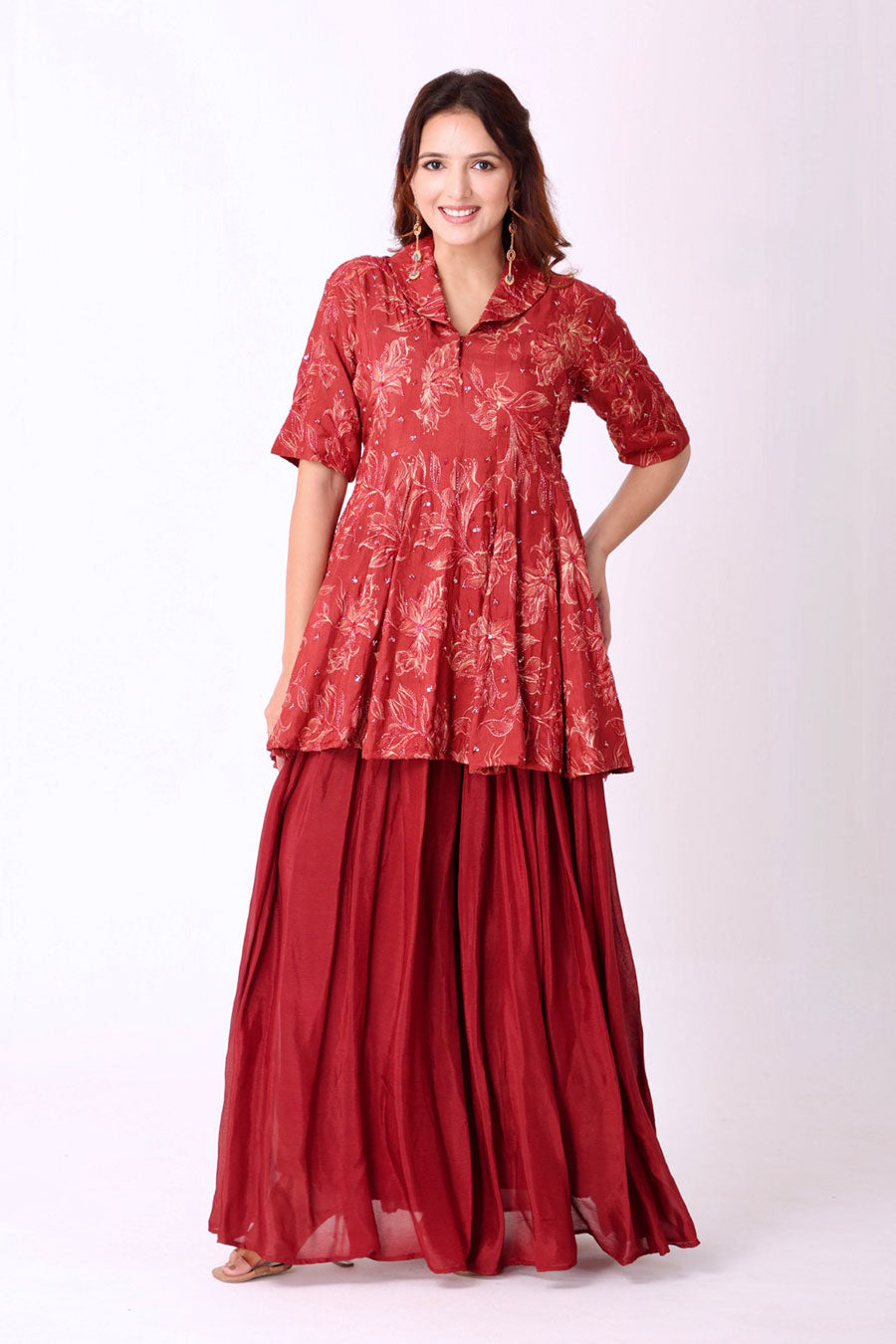 Maroon Floral Embroidered Kurti & Palazzo Set