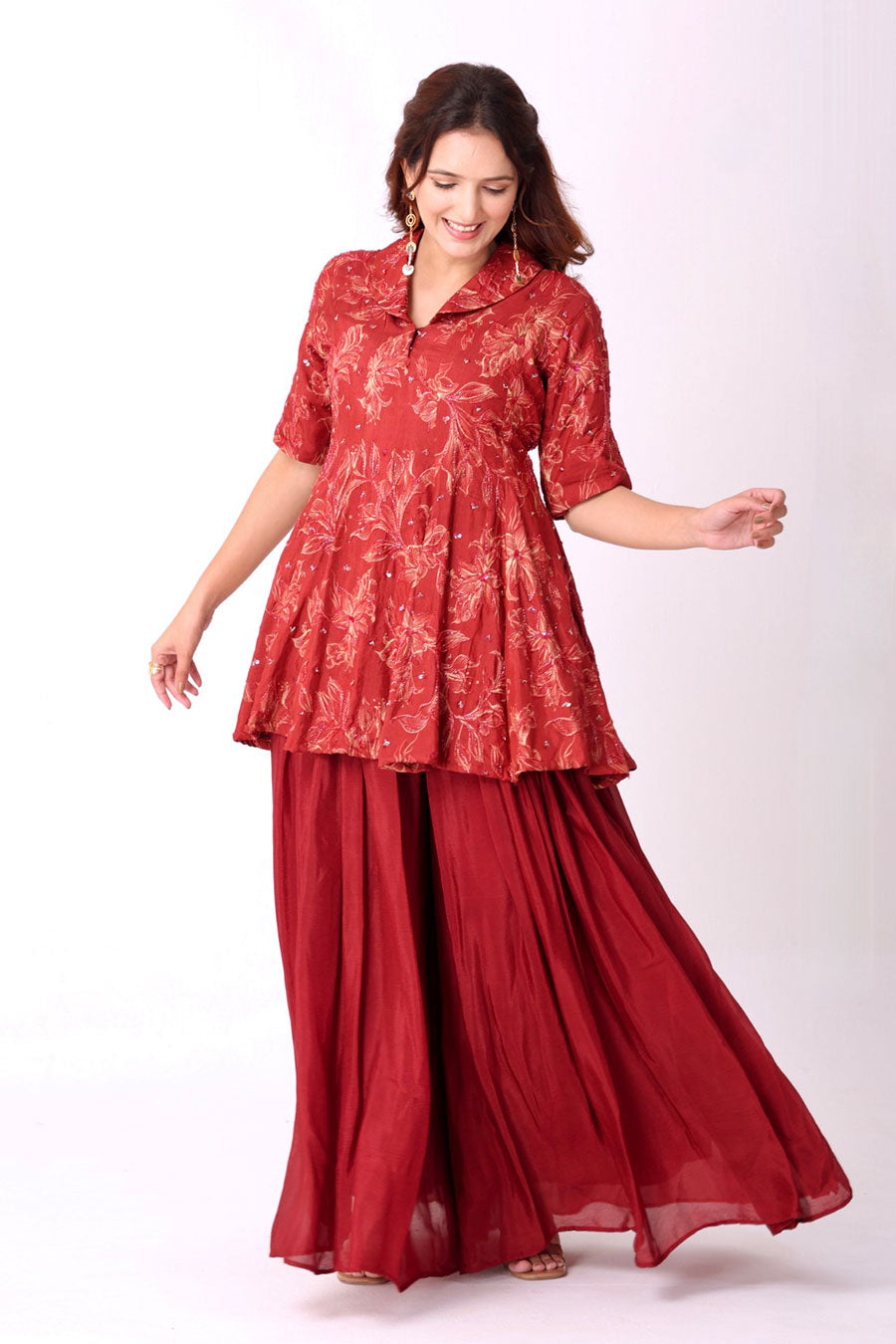 Maroon Floral Embroidered Kurti & Palazzo Set
