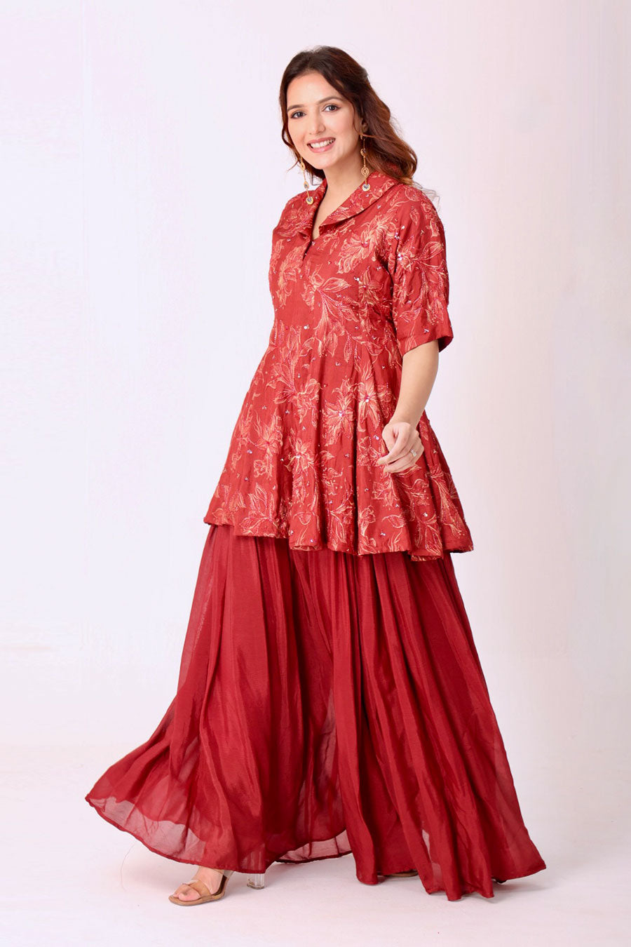 Maroon Floral Embroidered Kurti & Palazzo Set
