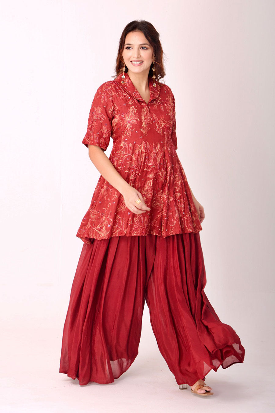 Maroon Floral Embroidered Kurti & Palazzo Set
