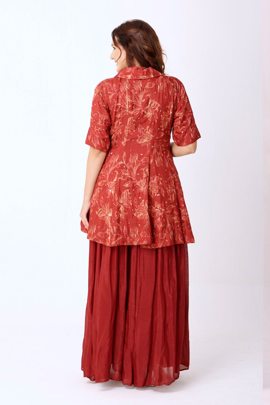 Maroon Floral Embroidered Kurti & Palazzo Set