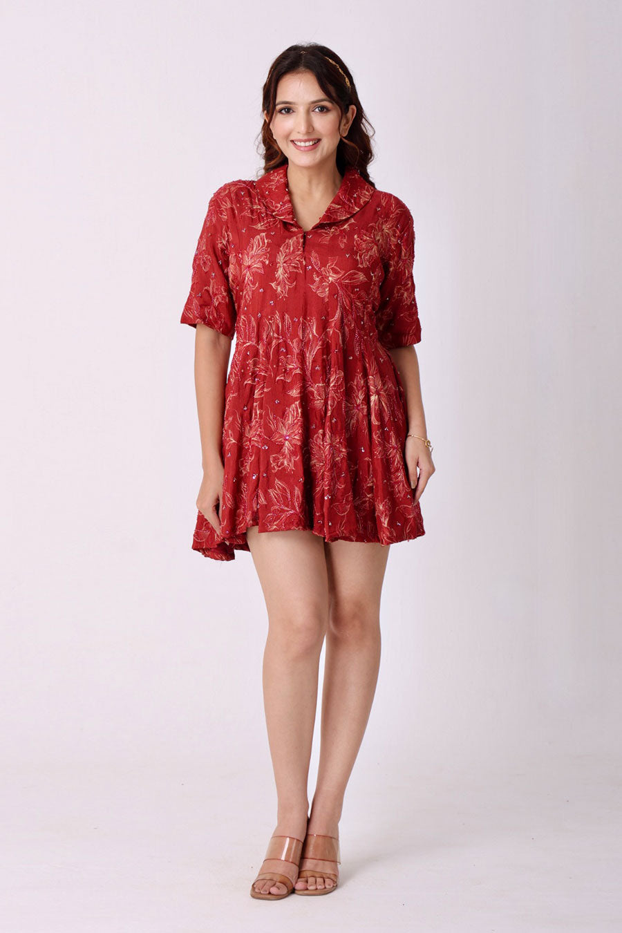 Maroon Floral Print Embroidered Mini Dress