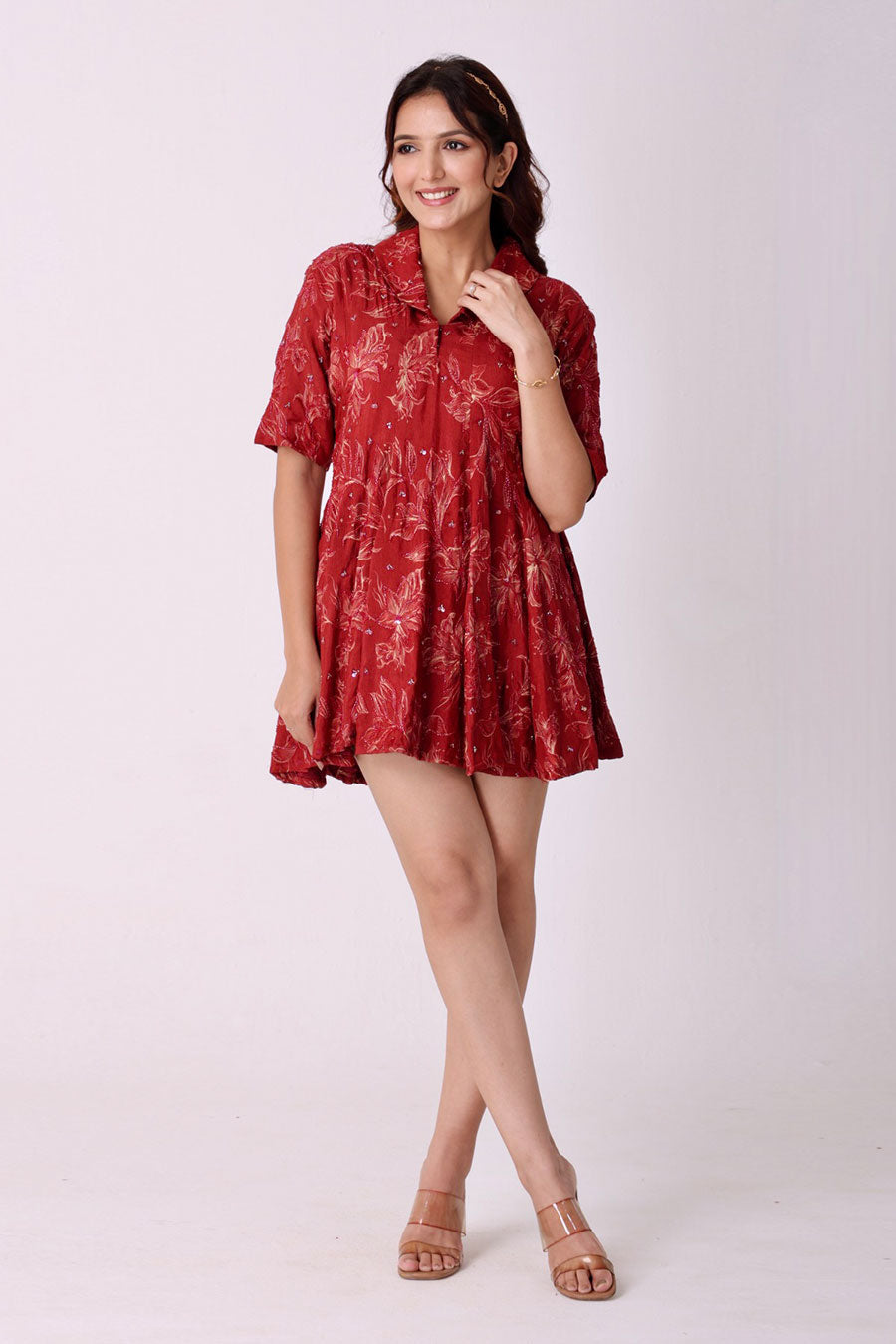 Maroon Floral Print Embroidered Mini Dress