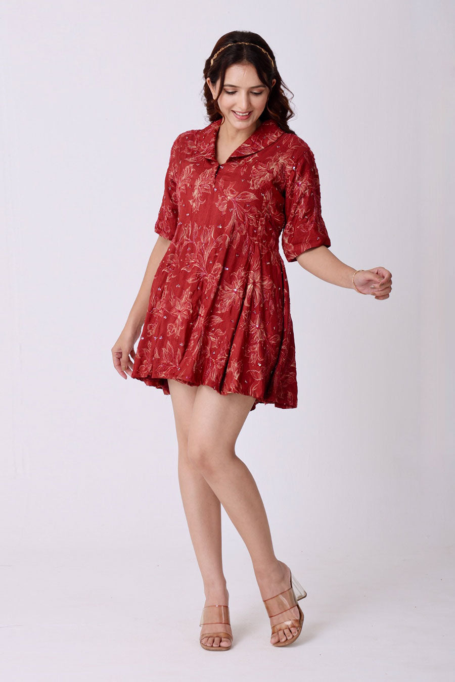 Maroon Floral Print Embroidered Mini Dress