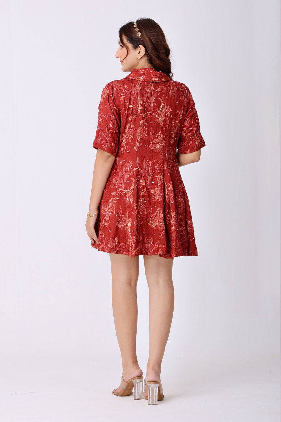 Maroon Floral Print Embroidered Mini Dress