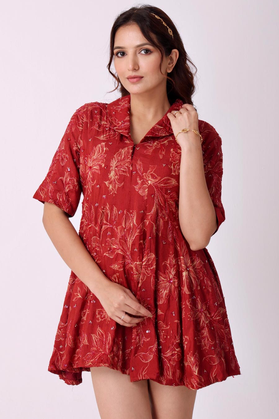 Maroon Floral Print Embroidered Mini Dress