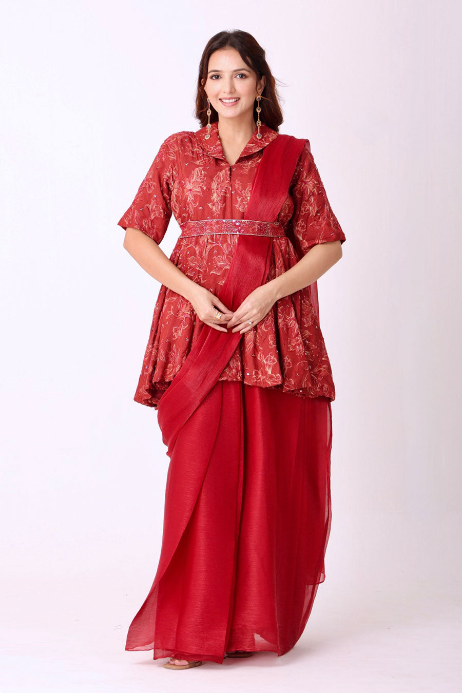 Maroon Floral Embroidered Pre-Drape Saree Set With Belt