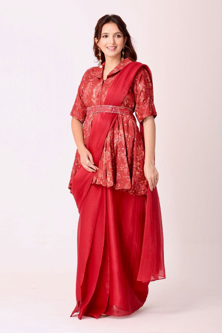 Maroon Floral Embroidered Pre-Drape Saree Set With Belt