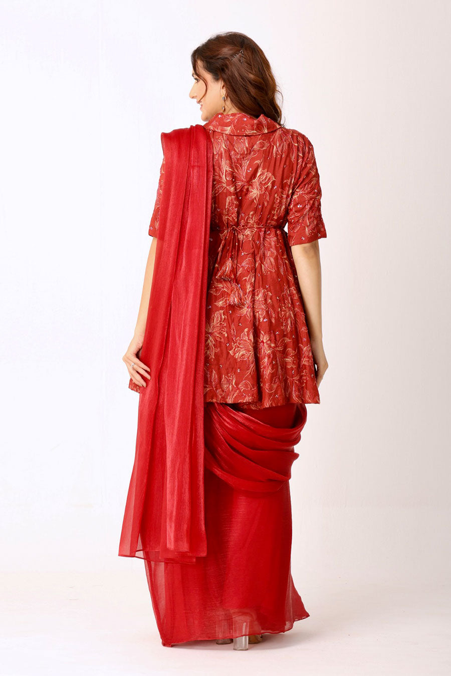 Maroon Floral Embroidered Pre-Drape Saree Set With Belt