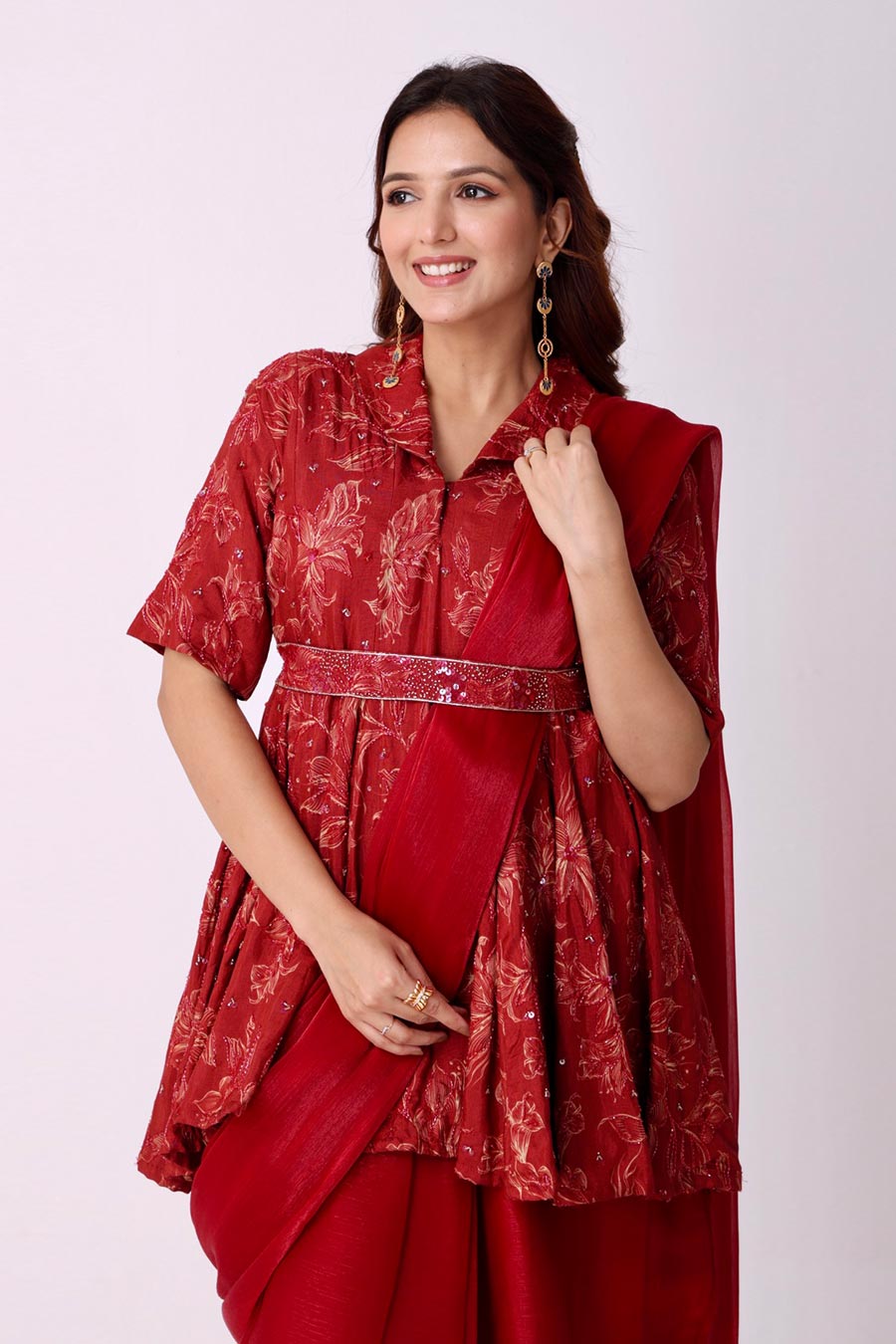 Maroon Floral Embroidered Pre-Drape Saree Set With Belt