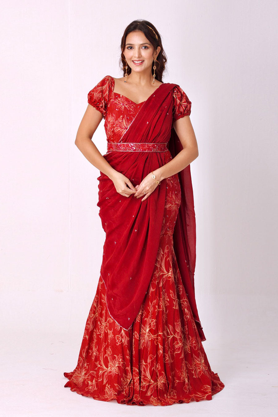 Maroon Floral Embroidered Saree Gown With Belt