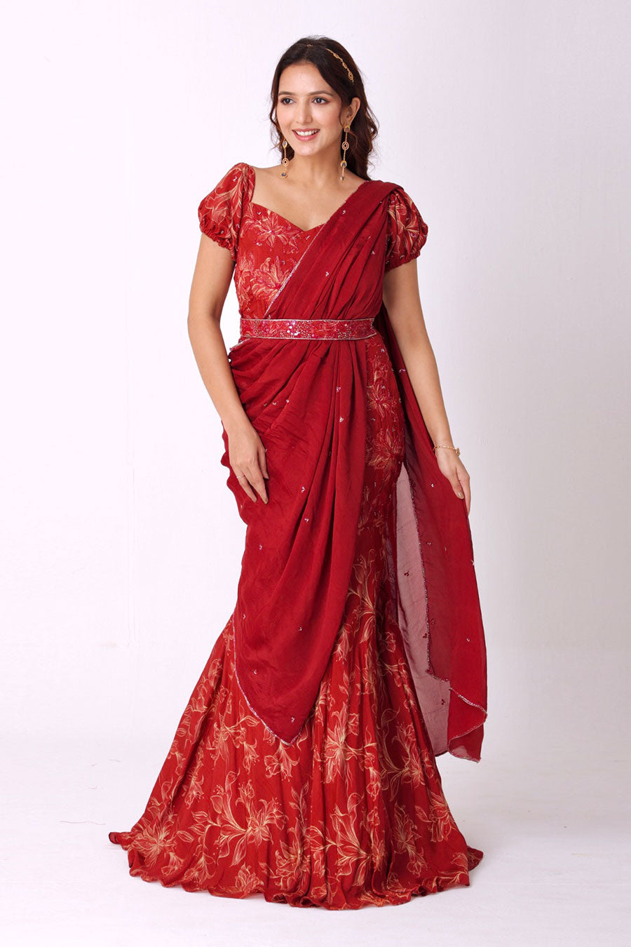 Maroon Floral Embroidered Saree Gown With Belt