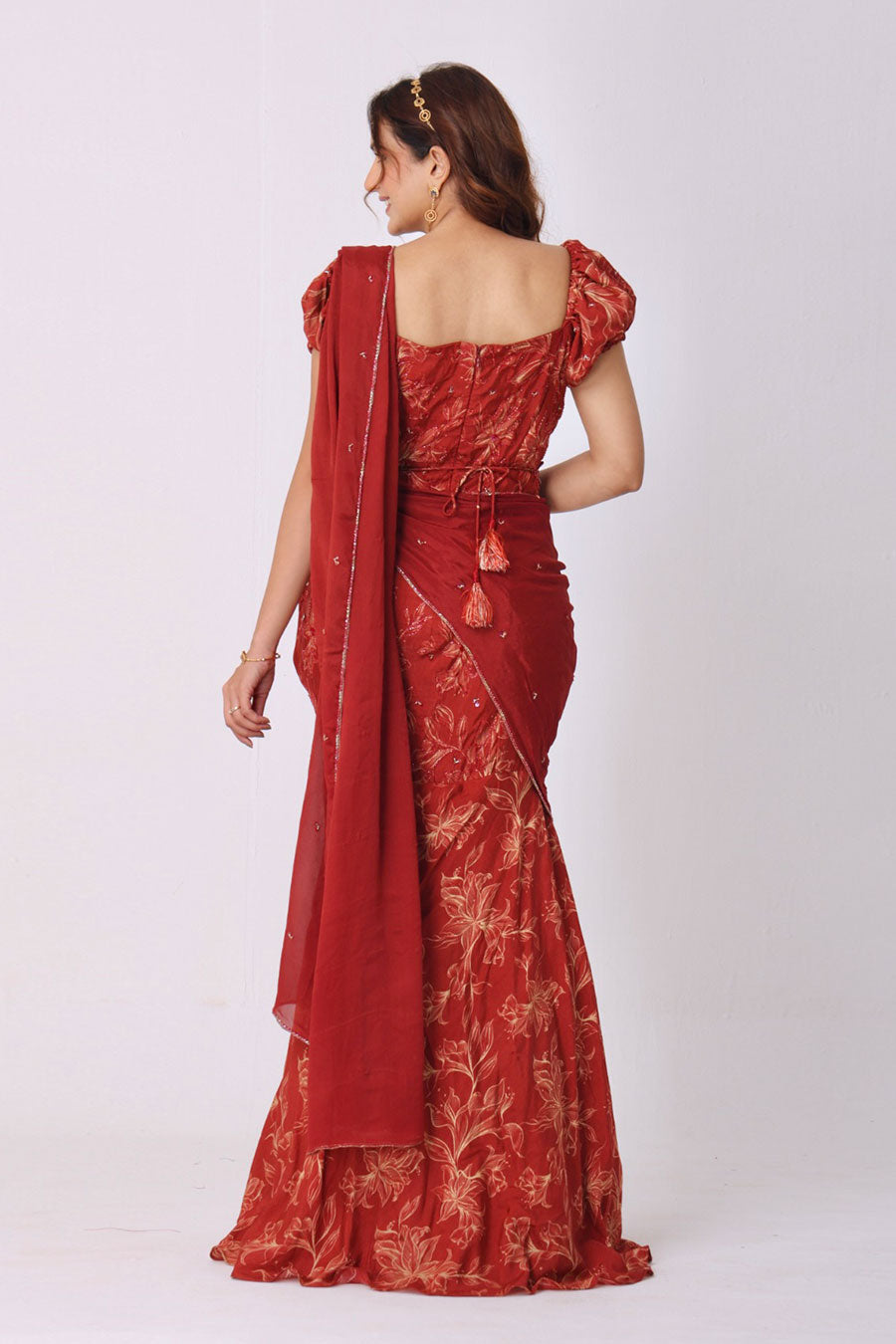 Maroon Floral Embroidered Saree Gown With Belt