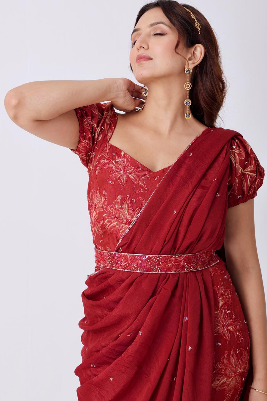 Maroon Floral Embroidered Saree Gown With Belt