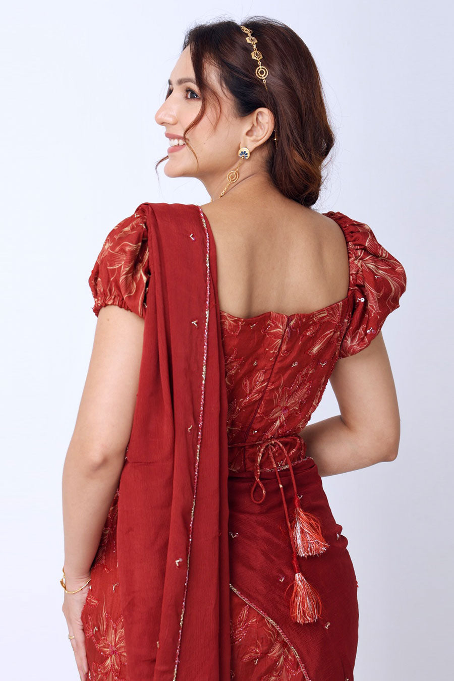 Maroon Floral Embroidered Saree Gown With Belt