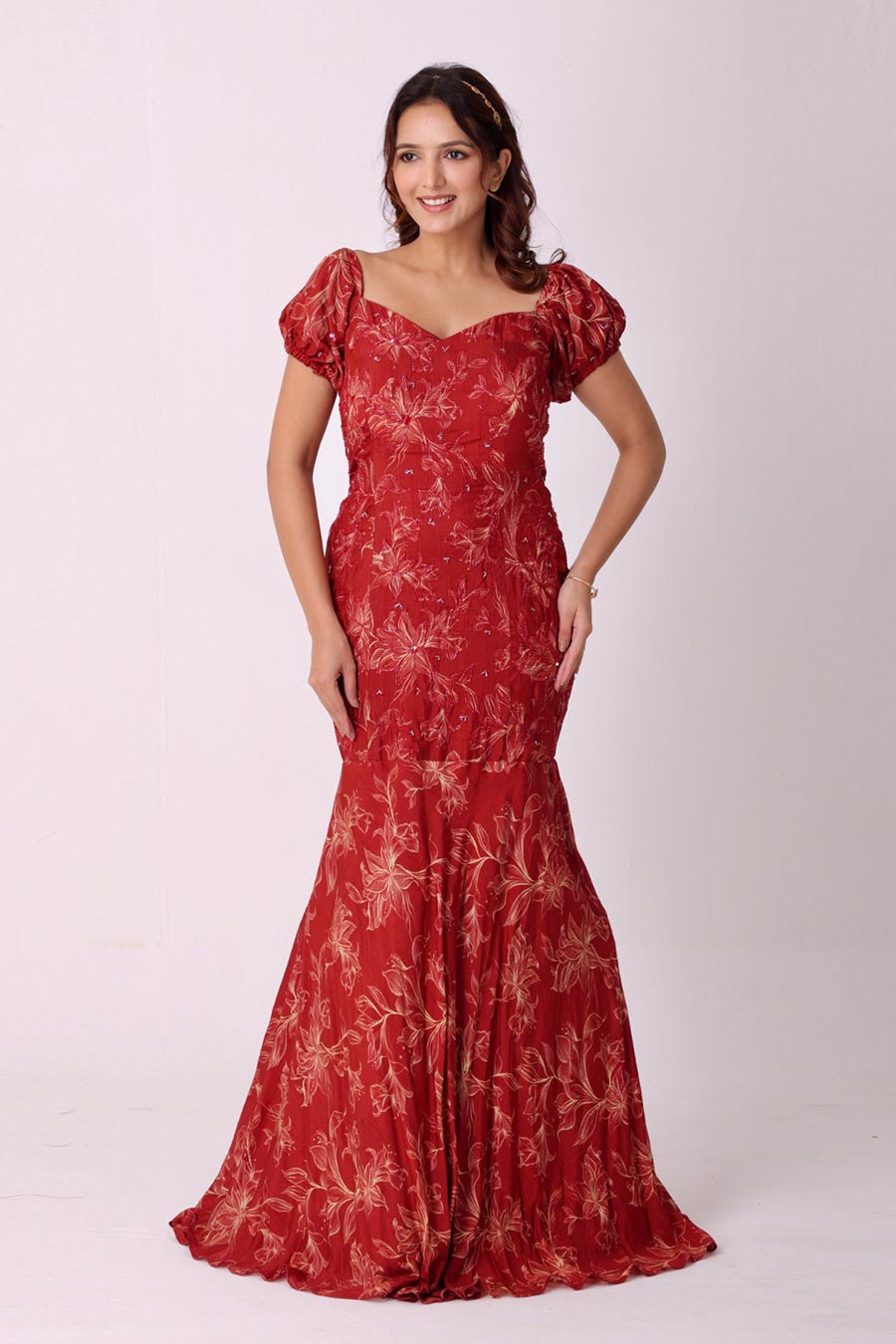 Maroon Hand-Embroidered Fish-Cut Gown