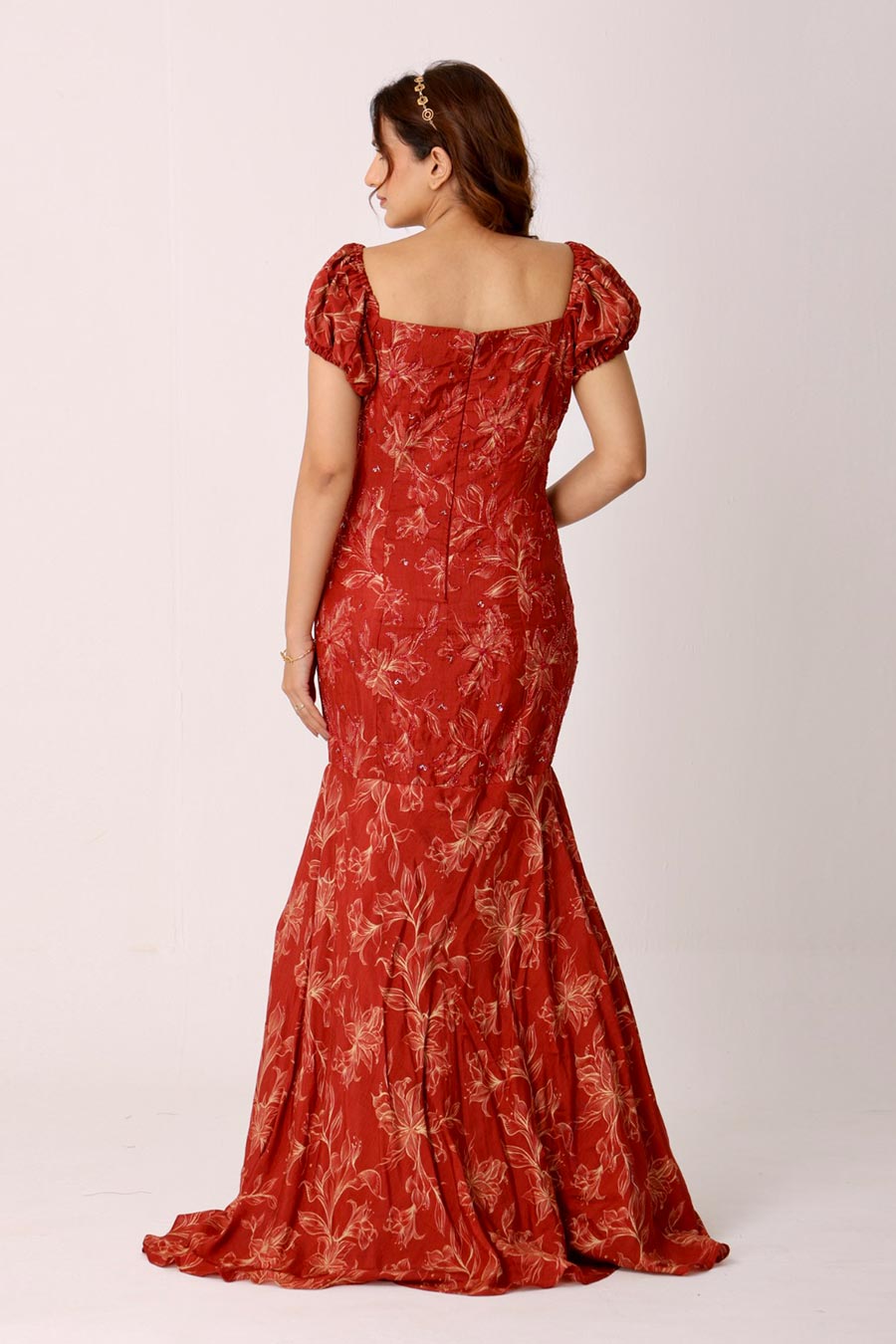 Maroon Hand-Embroidered Fish-Cut Gown