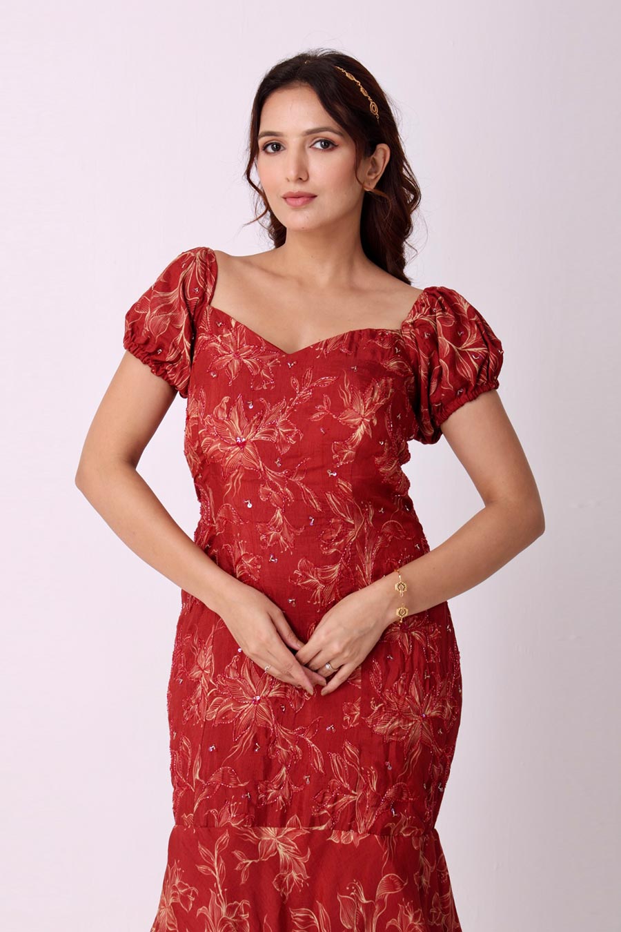 Maroon Hand-Embroidered Fish-Cut Gown