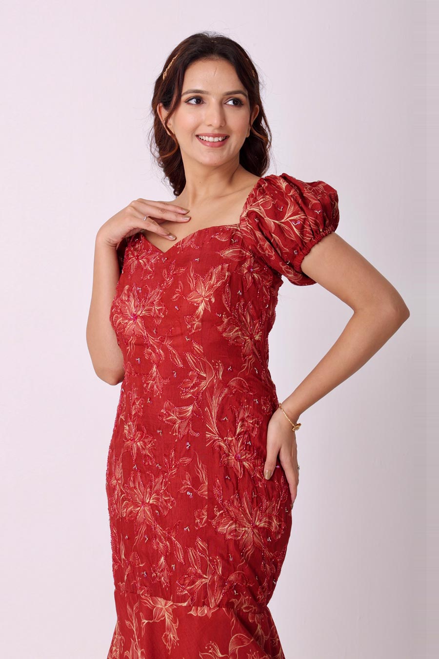 Maroon Hand-Embroidered Fish-Cut Gown