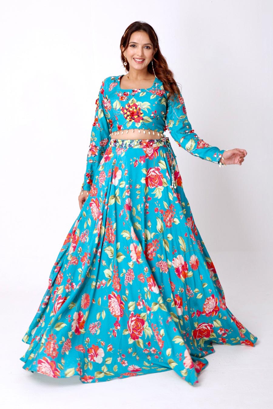 Turquoise Blue Floral Embroidered Blouse & Skirt Set
