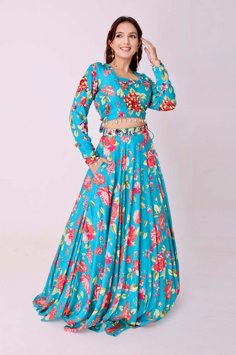 Turquoise Blue Floral Embroidered Blouse & Skirt Set
