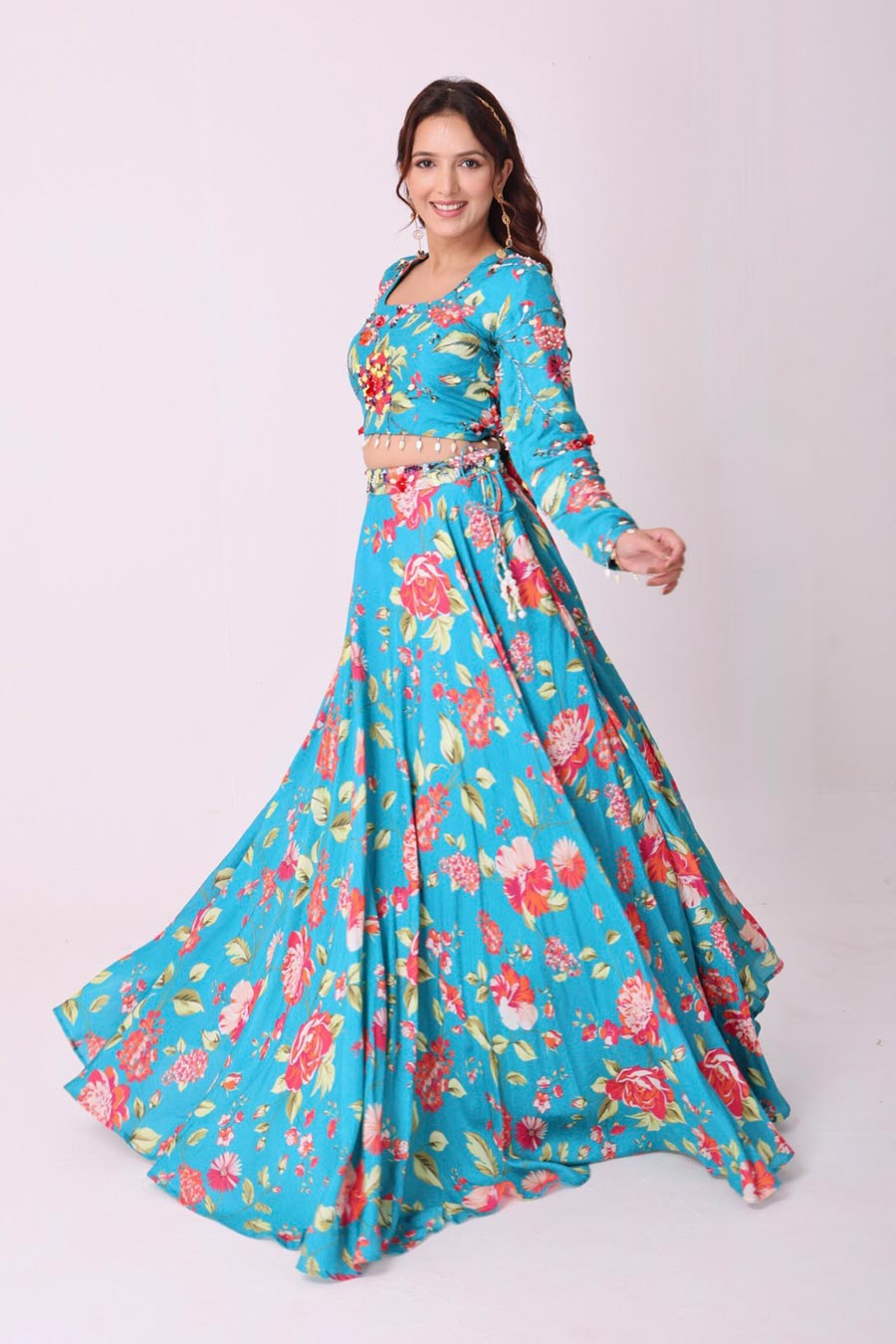 Turquoise Blue Floral Embroidered Blouse & Skirt Set